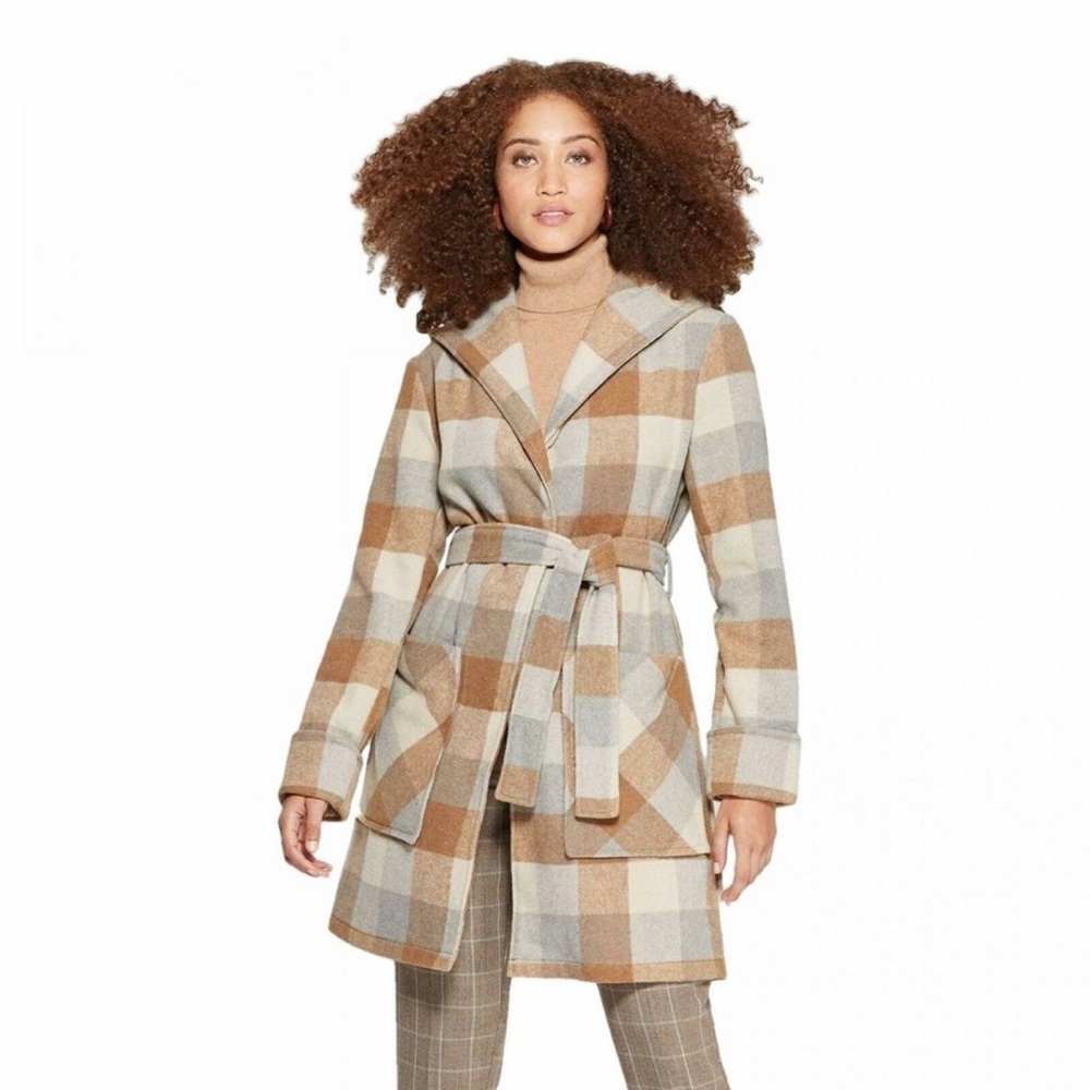 a new day Plaid Belted Hooded Coat in Tan and Cream